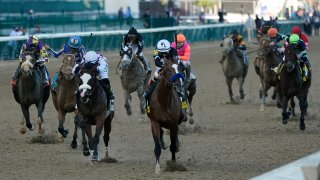 Multiple jockeys in a horse race riding in direction of the camera