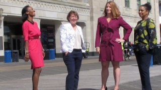 The four women who run Atlantic City casinos pose for photos on the Atlantic City N.J. Boardwalk on Sept. 21, 2020: From left, to right they are: Jacqueline Grace of Tropicana; Terry Glebocki of Ocean Casino Resort; Karie Hall of Bally's, and Melonie Johnson of Borgata. Four of Atlantic City's nine casinos are run by women.