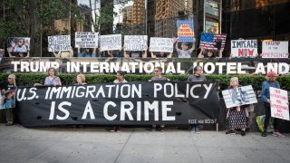 TRUMP INTERNATIONAL HOTEL AND TOWER, NEW YORK, UNITED STATES - 2019/06/14: Trump's Birthday, activists from Rise and Resist holding a banner as they protested the Trump's administrations' cruel and inhumane immigration policies in front of Trump International Tower and Hotel in Columbus Circle in Manhattan. An art installation depicting crying immigrant children in cages was also placed in front of the Tower and Hotel.