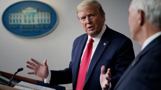 WASHINGTON, DC - APRIL 22: U.S. President Donald Trump speaks during the daily briefing of the coronavirus task force at the White House on April 22, 2020 in Washington, DC. Dr. Robert Redfield, director of the Centers for Disease Control, has said that a potential second wave of coronavirus later this year could flare up again and coincide with flu season.