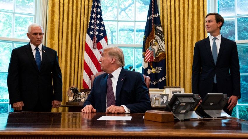 Flanked by Vice President Mike Pence (L) and advisor Jared Kushner (R), U.S. President Donald Trump speaks in the Oval Office to announce that Bahrain will establish diplomatic relations with Israel, at the White House in Washington, DC on September 11, 2020.
