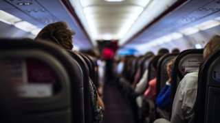 Stock photo of the interior of an airplane taken in Paris, France.