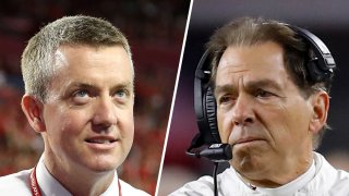 Alabama athletic director Greg Byrne (left) and head coach Nick Saban of the Alabama Crimson Tide (right).