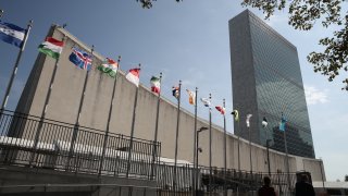 NEW YORK CITY, USA - SEPTEMBER 23, 2019: The Headquarters of the United Nations ahead of the 74th Session of the UN General Assembly.