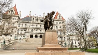 View of New York State Capitol seen from an empty East Capitol Park during the COVID-19 pandemic