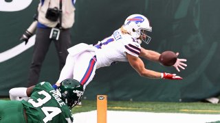 Cole Beasley #11 of the Buffalo Bills tries for the catch but couldn't re-establish control of the ball in-bounds