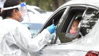 A health worker prepares to perform a nasal swab for a free COVID-19 rapid test at a drive through site at Barnett Park on November 9, 2020 in Orlando, Florida.