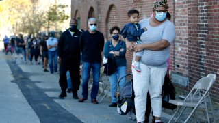 In this Nov. 10, 2020, file photo, a woman holds her one year-old son as they wait in line to get a coronavirus test at the Harvard Street Neighborhood Health Center's COVID-19 Testing site at 895 Blue Hill Avenue in Boston's Roxbury neighborhood.