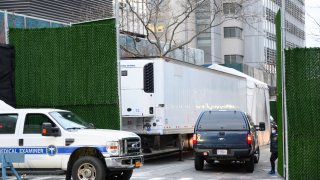 A view outside the makeshift morgue outside of Bellevue Hospital during the Coronavirus pandemic on April 4, 2020 in New York City