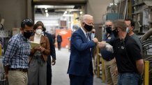 Democratic Presidential Candidate Joe Biden visits an aluminum manufacturing facility in Manitowoc, Wisconsin, on September 21, 2020.