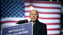 Democratic presidential nominee Joe Biden speaks during a drive-in campaign rally at Heinz Field on November 02, 2020 in Pittsburgh, Pennsylvania.