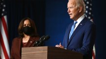 Democratic Presidential candidate Joe Biden, flanked by US Democratic vice presidential nominee and Senator from California, Kamala Harris