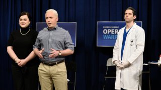 Lauren Holt as Karen Pence, Beck Bennett as Mike Pence, and Mikey Day as a healthcare worker during the "Pence Gets The Vaccine" Cold Open on Saturday, December 19, 2020