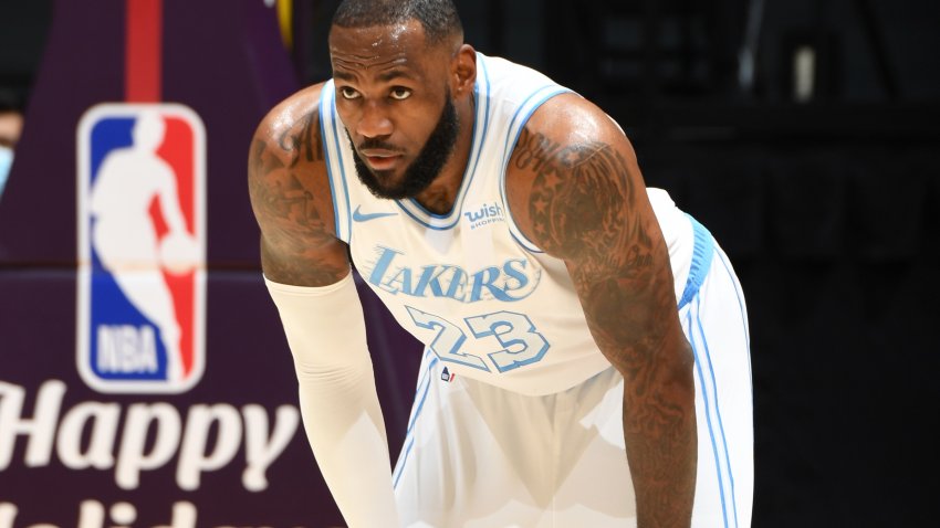 LeBron James #23 of the Los Angeles Lakers looks on during the game against the Dallas Mavericks on December 25, 2020 at STAPLES Center in Los Angeles, California.  (Photo by Andrew D. Bernstein/NBAE via Getty Images)