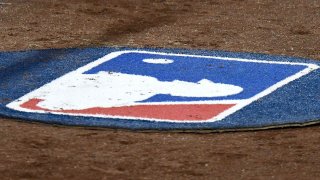 The MLB logo at Nationals Park in Washington, D.C., Sept. 21, 2020.