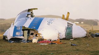 December 1988: Some of the wreckage of Pan Am Flight 103 after it crashed onto the town of Lockerbie in Scotland, on Dec. 21, 1988. The Boeing 747 'Clipper Maid of the Seas' was destroyed en route from Heathrow to JFK Airport in New York, when a bomb was detonated in its forward cargo hold. All 259 people on board were killed, as well as 11 people in the town of Lockerbie.