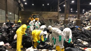 Volunteers looking through trash