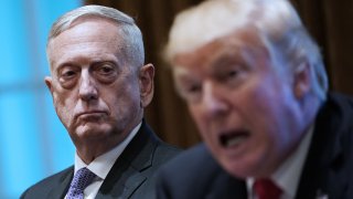 US President Donald Trump speaks as Defense Secretary James Mattis (L) looks on during a meeting with senior military leaders in the Cabinet Room of the White House on October 5, 2017.