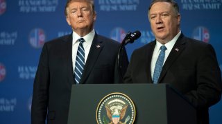 In this Feb. 28, 2019, file photo, U.S. Secretary of State, Mike Pompeo, speaks at a news conference while U.S. President Donald Trump looks on following his second summit meeting with North Korean leader Kim Jong-un in Hanoi, Vietnam.