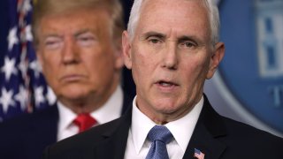 File: Former U.S. President Donald Trump listens as former Vice President Mike Pence speaks during a news conference at the James Brady Press Briefing Room at the White House Feb. 29, 2020 in Washington, DC.