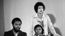 Elaine Brown, chairwoman of the Black Panther Party (back), introduces Joanne Little, right, in Oakland, California, Aug. 22, 1975. Little had recently acquitted of the murder of her white jailer.