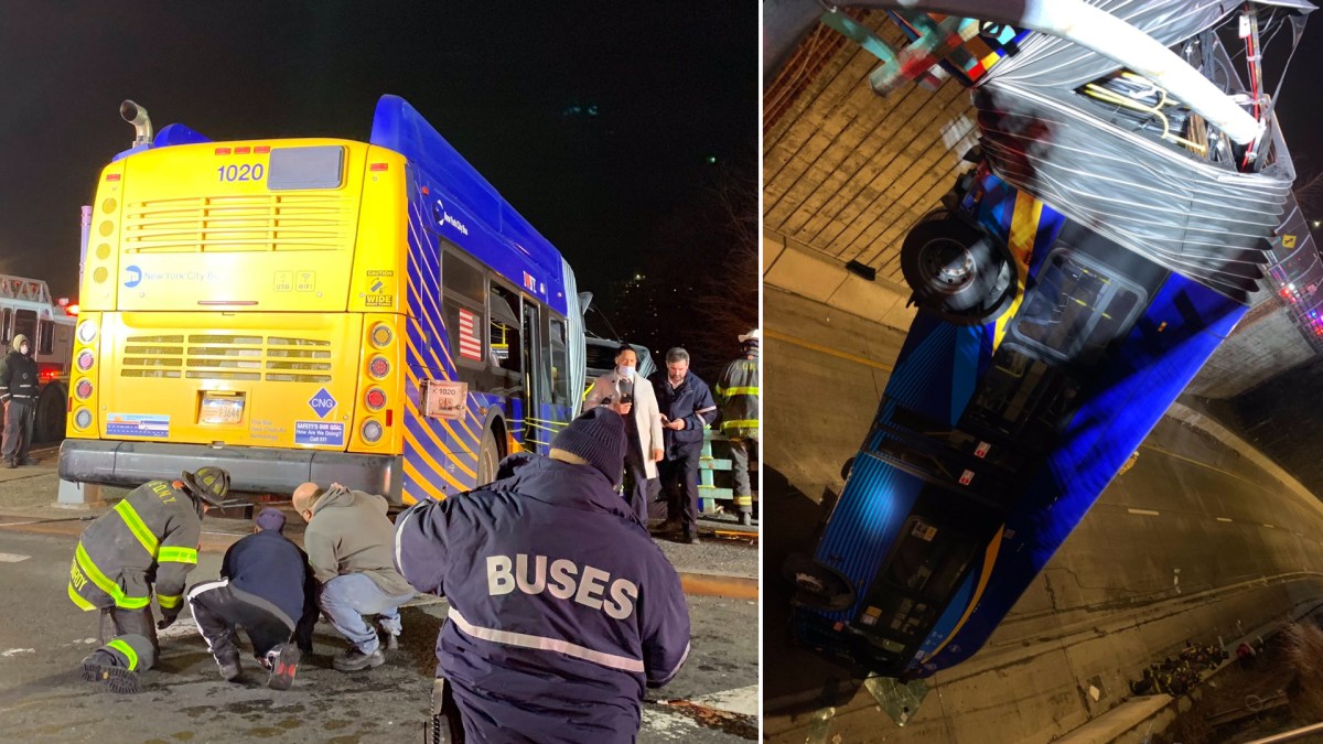 7 hurt after NYC tandem bus goes off-road and leaves front half dangling from overpass – NBC New York