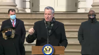 Mayor Bill de Blasio held a joint news conference with at least half a dozen House representatives to call for the impeachment of President Trump