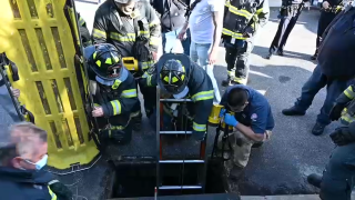 A man in his 90s when rescued Saturday after falling about 10 feet down a storm drain on Long Island, New York, firefighters said