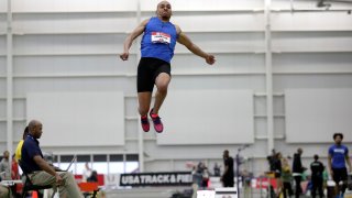 Roderick Townsend performs in the men's long jump final at the USA Track & Field Indoor Championships, Saturday, Feb. 23, 2019, in New York.