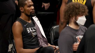 Kevin Durant #7 of the Brooklyn Nets reacts as he sits during a time out against the Toronto Raptors at Barclays Center