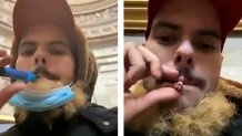Greg Rubenacker, accused of participating in the U.S. Capitol riots, vaping, left, and smoking a marijuana cigarette, right