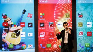 Sundar Pichai, senior vice president of Android, Chrome and Apps at Google Inc., gestures as he speaks during the company’s Android One smartphone launch event in New Delhi, India, on Monday, Sept. 15, 2014.