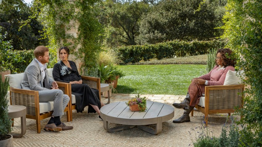 This image provided by Harpo Productions shows Prince Harry, from left, and Meghan, The Duchess of Sussex, in conversation with Oprah Winfrey.