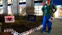 a remembrance ceremony is held outside the staff entrance to Northern Westchester Hospital to commemorate the one-year anniversary of first COVID-19 patient admission