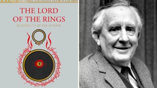 This combination photo shows an upcoming edition of J.R.R. Tolkien's "The Lord of the Rings" trilogy, left, and a 1967 photo of Tolkien