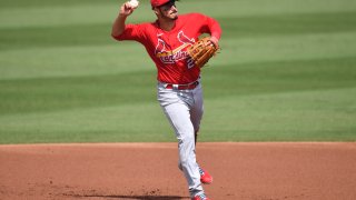 JUPITER, FLORIDA - MARCH 02: Nolan Arenado #28 of the St. Louis Cardinals in action against the Miami Marlins in a spring training game at Roger Dean Chevrolet Stadium on March 02, 2021 in Jupiter, Florida.