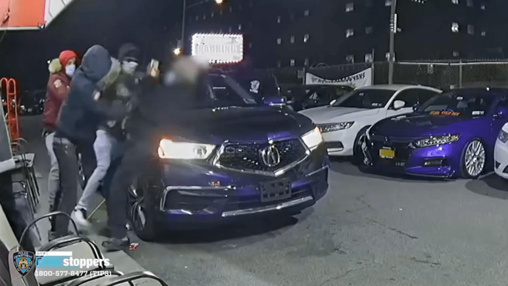 A group of thieves in the Bronx who assaulted a parking attendant were caught on camera but have not yet been arrested, police said