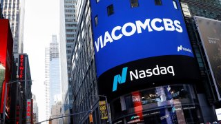 The ViacomCBS logo is displayed on the Nasdaq MarketSite to celebrate the company’s merger, in New York, December 5, 2019.