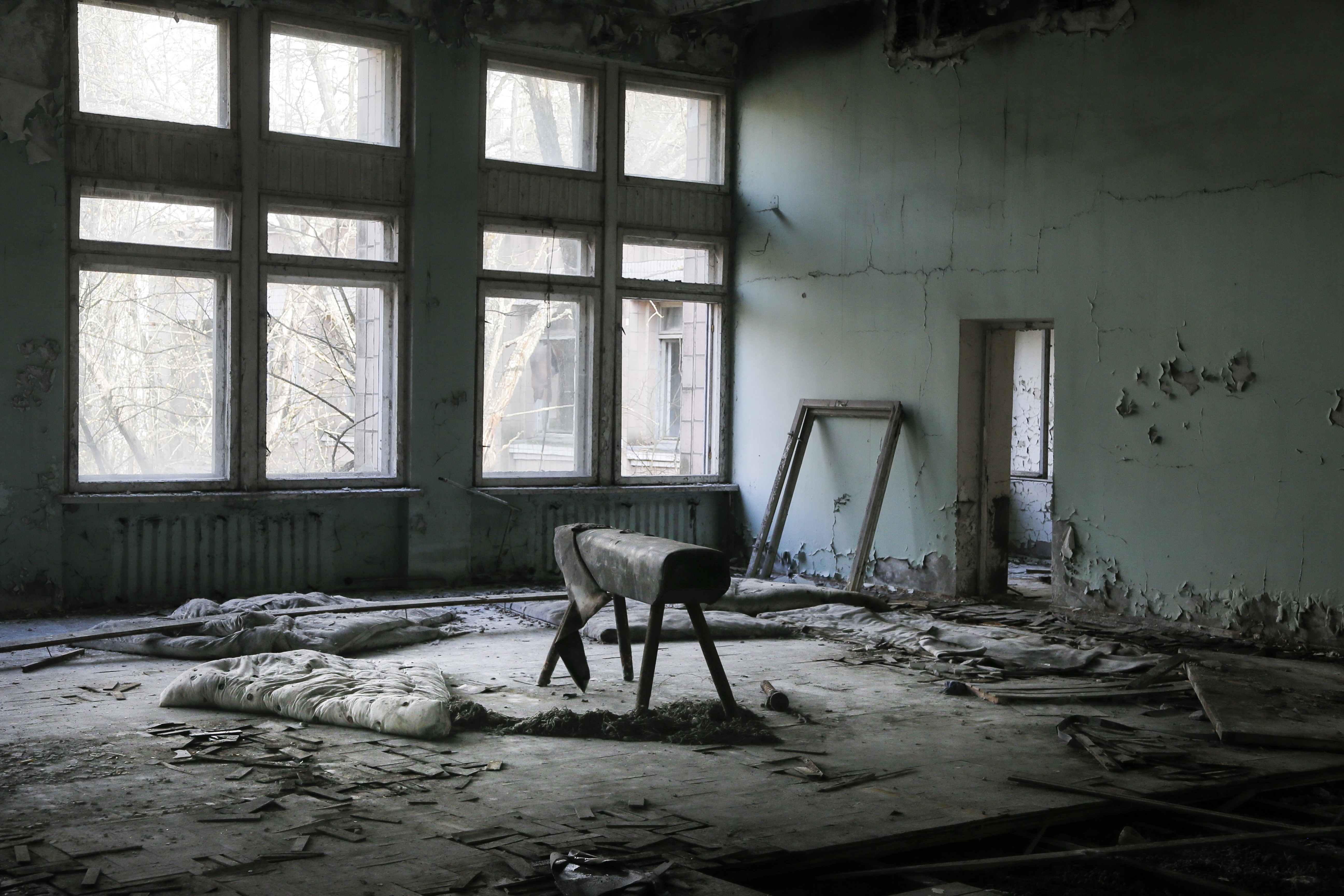 A gymnasium in a school as seen in the deserted town of Pripyat, Ukraine,  April 5, 2017.
