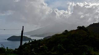 Ash rises into the air as La Soufriere volcano erupts on the eastern Caribbean island of St. Vincent