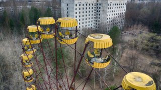 An abandoned carousel in the park is seen the ghost town of Pripyat close to the Chernobyl nuclear plant, Ukraine, April 15, 2021.