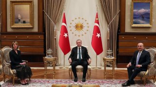 Turkish President Recep Tayyip Erdogan (C) receives U.S. Ambassador to the UN, Kelly Craft (L) at the Presidential Complex in Ankara, Turkey on March 04, 2020.
