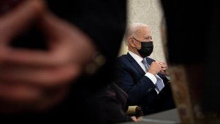 US President Joe Biden speaks in the Oval Office of the White House after a meeting with members of Congress about the American Jobs Plan April 12, 2021, in Washington, DC.