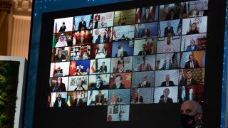 World leaders listen remotely during the virtual Leaders Summit on Climate in the East Room of the White House in Washington, D.C., U.S., on Friday, April 23, 2021.