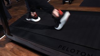 A detail shot shows the running deck of a Peloton Tread treadmill during CES 2018 at the Las Vegas Convention Center