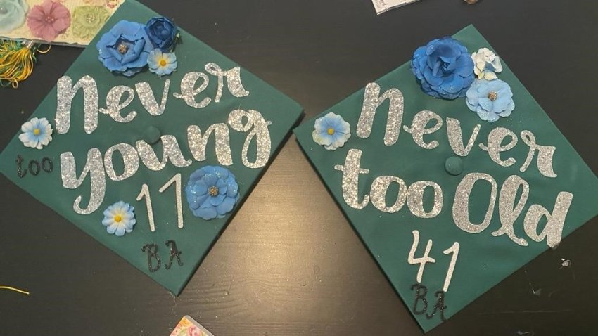two decorated graduation caps: one says never young in glittery letters and the other says never too old