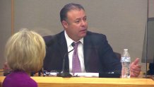 Dallas police homicide detective Esteban Montenegro answers questions from the a prosecutor during a preliminary hearing for former Dallas police officer Bryan Riser Wednesday, April 7, 2021, in Dallas.