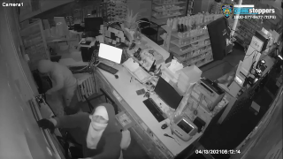 Security camera footage captures robbery suspects accused of hitting half a dozen pharmacies across New York City.