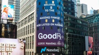 GoodRx signage on the outside of the Nasdaq on the day of its IPO, September 23, 2020.