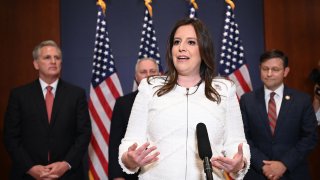Representative Elise Stefanik (R-NY) speaks to reporters after House Republicans voted for her as their conference chairperson at the US Capitol in Washington, DC on May 14, 2021.